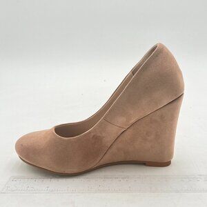 FOWT Nude Suede Wedge Pumps Basic Almond Toe Thick High Heels Casual Dress Shoes